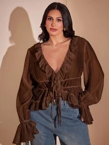 SHEIN BAE 大尺碼女款純色V領休閒百搭日常穿著襯衫 秋季 - 咖啡棕 - 查看 4