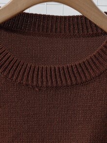 GlowEve CURVE Plus Size Women's Knit Dress Set, Solid Color Round Neck Colorblock Seahorse Design, Minimalist Elegant Casual Autumn Winter Office Graduation Brown - Coffee Brown - View 5