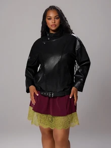 Rustia Jaket Fashion Wanita Ukuran Besar Warna Polos Kulit PU Lengan Panjang dengan Saku untuk Musim Gugur - Hitam - View 7