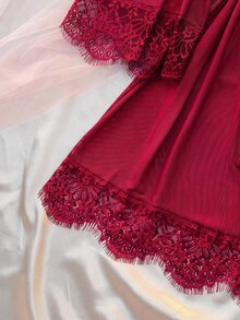 DelicateAllure Women's Lace Patchwork Camisole Dress And Robe Casual Daily Sleepwear Set - Burgundy - View 5