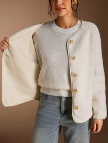 SHEIN BASICS Women's Solid Color Long Sleeve Single-Breasted Casual Regular Fit Jacket Travel Everyday Off-White Autumn Office Everyday Going Out - Apricot - View 11