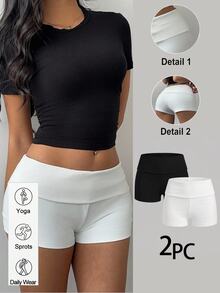 SHEIN BASICS 女款素色摺腰休閒內搭短褲 - 彩色 - 查看 1