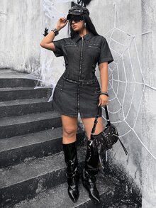 Jeanoix Plus Size Summer Casual Front Zipper Belted Denim Dress - Black - View 2