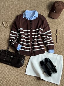 Grovea Cardigan Rajut Wanita Ukuran Besar Bergaris Leher Bulat Lengan Panjang Kancing Tunggal untuk Musim Dingin - Coklat - View 1