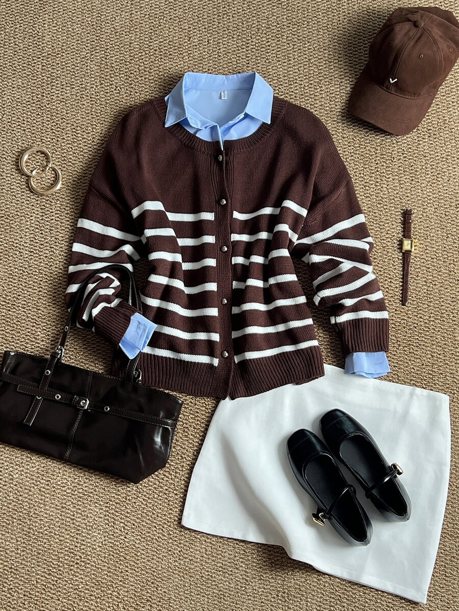 Grovea Cardigan Rajut Wanita Ukuran Besar Bergaris Leher Bulat Lengan Panjang Kancing Tunggal untuk Musim Dingin - Coklat - View 1