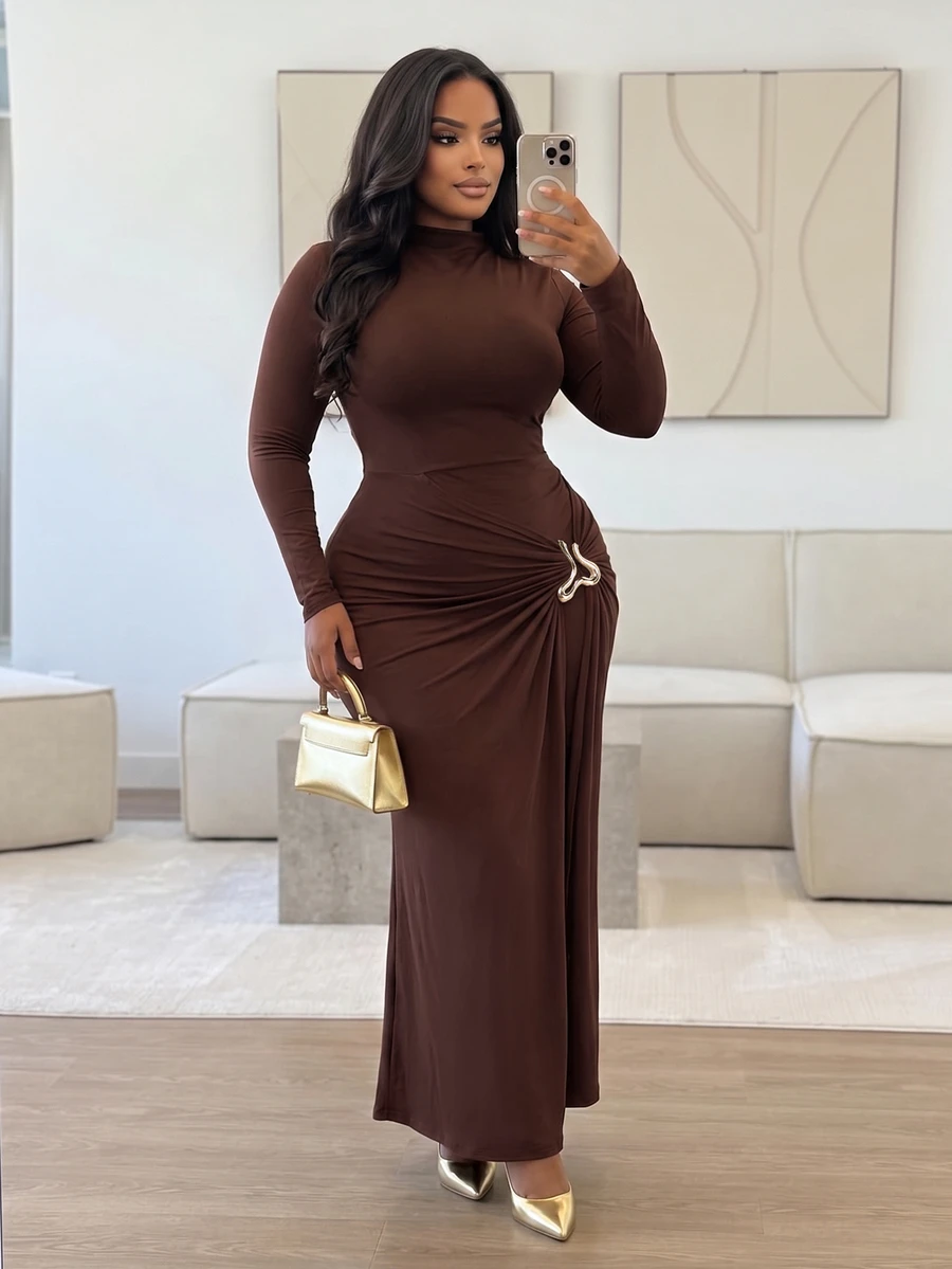 Poshavie Poshavie Plus Size Elegant Long Sleeve Bodycon Midi Dress Metal Ring Ruched Wrap Party Autumn Dress - Brown - View 1