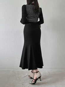 FRIFUL Women's Houndstooth Stand Collar Long Sleeve Elegant Dress - Black - View 2