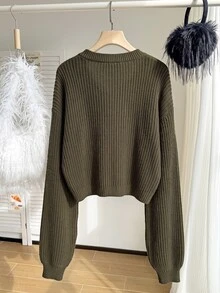 SHEIN EZwear 大尺碼女款純色落肩長袖單排扣針織開襟衫 - 橄欖綠 - 查看 2