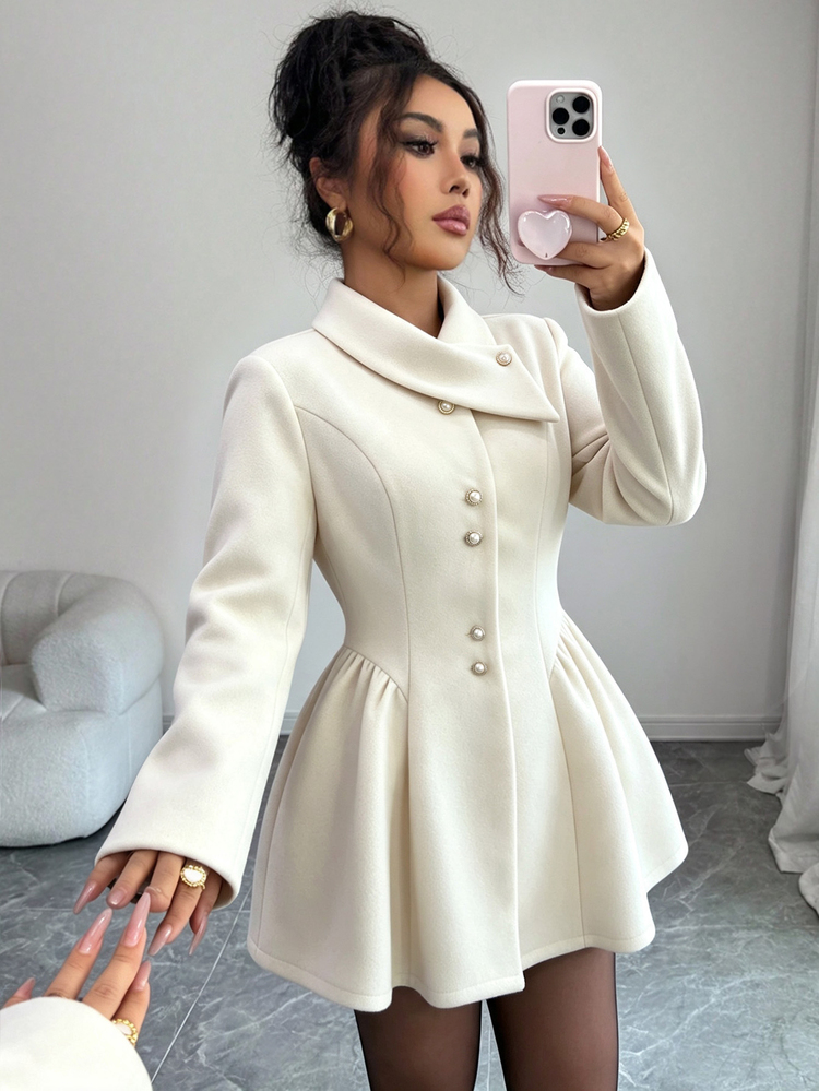 SHEIN Elenzya 秋冬優雅純色收腰大衣 - 杏色 - 查看 1