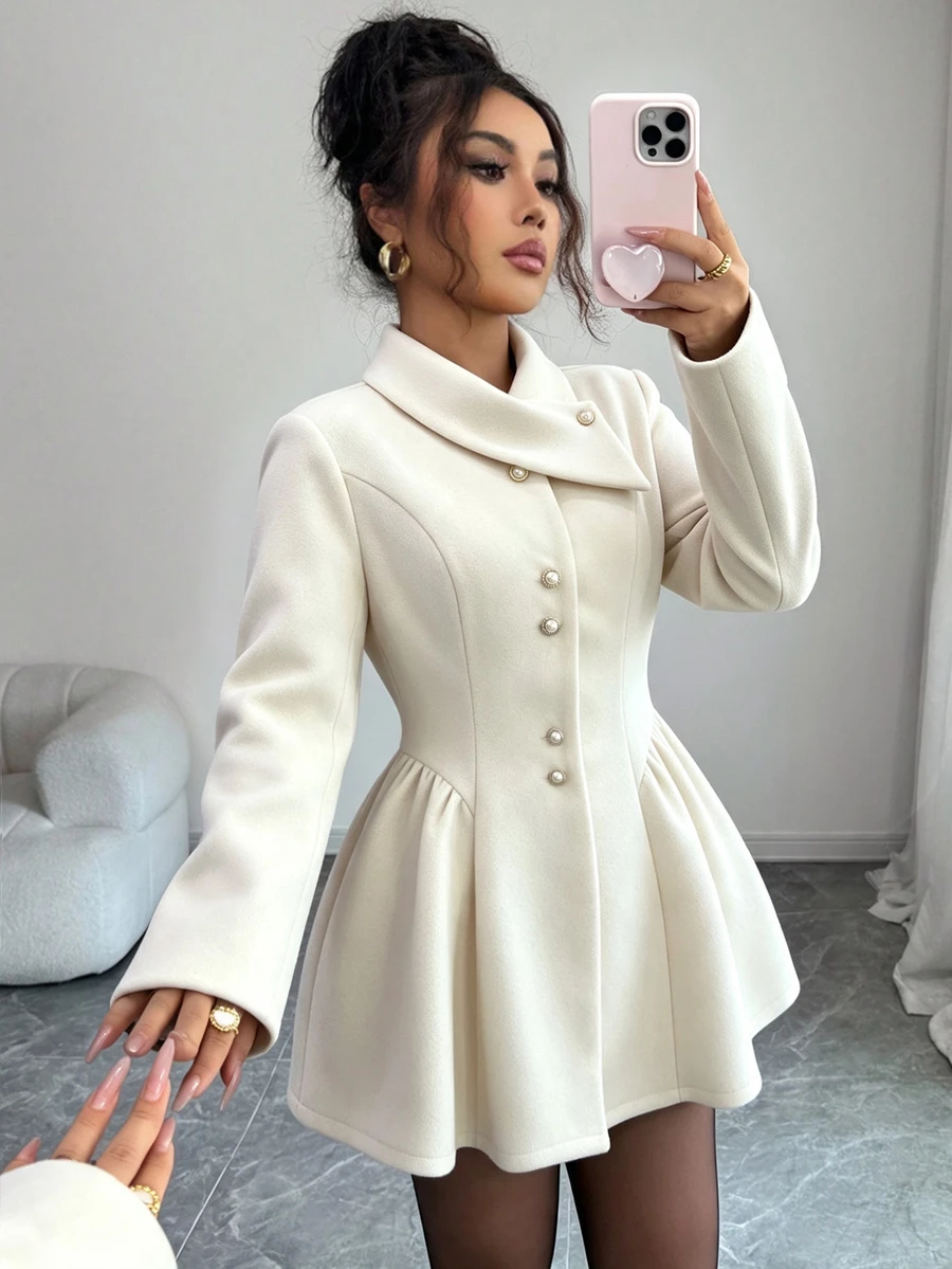 SHEIN Elenzya Mantel Panjang Elegan Warna Polos untuk Musim Gugur/Dingin, Pas di Pinggang - Aprikot - View 1