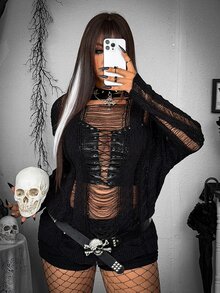 SHEIN Whyspr Plus Size Distressed Hollow Out Cable Knit Long Sleeve Top, Y2K Ripped Sheer Fringe Sweater, Spring Summer See Through Loose Grunge Knit Cover Up Shir - Black - View 5