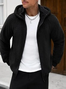Manfinity CasualCool Ins熱銷男士珊瑚絨落肩袖開襟連帽衛衣，送給爸爸、丈夫、男友的萬聖節、聖誕節、新年禮物 - 黑色 - 查看 6