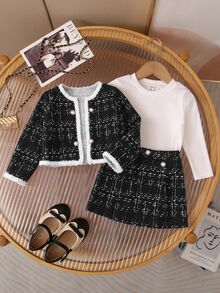SHEIN Baby Girl Plaid Long Sleeve Cardigan & Skirt Set - Black - View 4