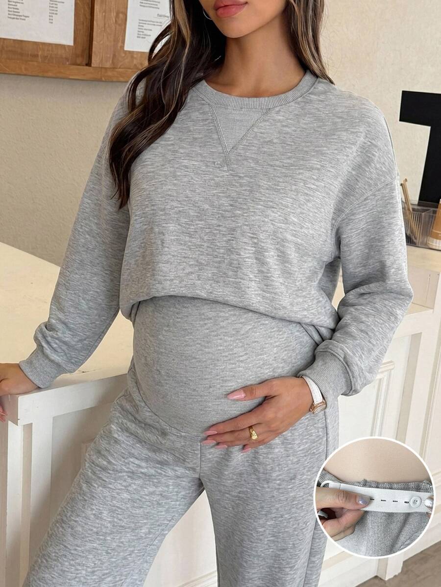 Dazy Maternity 圓領寬鬆短袖上衣與鬆緊腰短褲休閒運動孕婦兩件套裝 - 灰色 - 查看 1