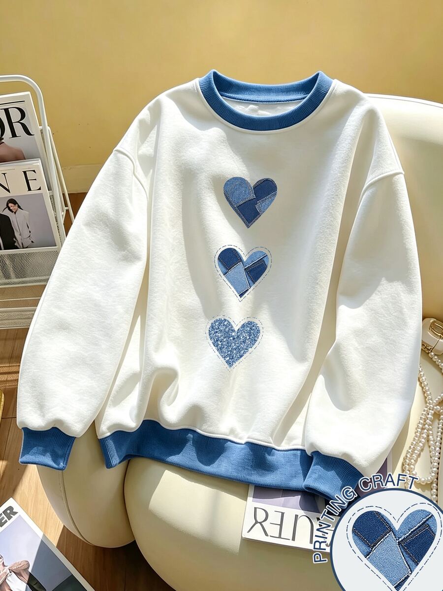 Selamara Women's Colorblock Patchwork Heart Print Drop Shoulder Loose Round Neck Sweatshirt - White - View 1
