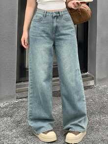 Dazy Plus Celana Jeans Denim Panjang Kasual Model Lebar dengan Warna Polos Pudar Bergaya Vintage - Medium Wash - View 5