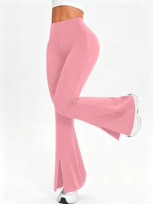 Easithlete Solid Color High Waist Split Hem Flare Leg Sports Pants - Pink - View 3