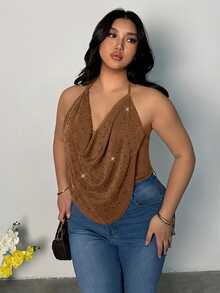Firerie Plus Size Women's Fashion Versatile Daily Wear Halter Neck Top - Khaki - View 1