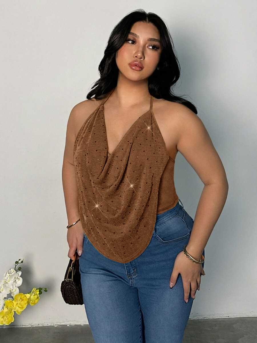 Firerie Plus Size Women's Fashion Versatile Daily Wear Halter Neck Top - Khaki - View 1