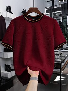 Manfinity Homme Men's Knitted Jacquard Solid Color Textured Collar And Cuffs Ribbed T-Shirt - Burgundy - View 4