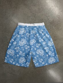 Manfinity ZONE917 寬鬆休閒時尚做舊藍色花卉圖案英文字體印花雙腰鬆緊運動長褲 - 藍色 - 查看 4