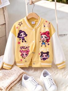 SHEIN Elladie kids 女童春秋嬰兒白色拼接棒球夾克，卡通女孩星星字母印花，羅紋立領，單排扣短版大學棒球夾克 - 黃色 - 查看 6