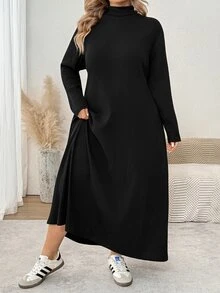 SHEIN CURVE+ Women's Plus Size Autumn/Winter Knit Ribbed Turtleneck Long Sleeve A-Line Dress 8XL Fall - Black - View 7
