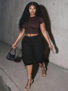 Slaydiva Plus Size Casual Versatile Ruched Tie-Up Capri Pants - Black - View 6