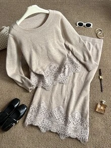 Grovea Setelan Sweater Lengan Panjang dan Rok Rajut Wanita Ukuran Besar untuk Musim Dingin - Aprikot - View 5