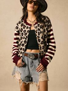 Easelle Vintage Nomadic Leopard Print & Striped Patchwork Women's Cardigan - Burgundy - View 7