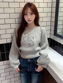 FRIFUL Women's Casual 2000s Rhinestone Decorated Sweater, Autumn/Winter Date School Light Grey Autumn Winter Long Sleeve Tops - Grey - View 6