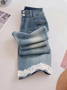 GlowEve Plus Size Women's Korean Style Fashion Lace Patchwork Flared Jeans - Light Wash - View 3