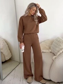 Easowa طقم سويت شيرت نسائي من قطعتين، كاجوال مريح وأنيق بأسلوب التنقل اليومي، طراز المال القديم، خريف/شتاء - شوكولاته بني - مشاهدة 3