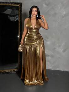Maweii Plus-Size Women's Neck-Hanging Deep V-Neck Backless Sexy Party Dress - Gold - View 3
