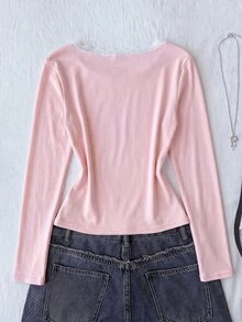 SHEIN Tween女孩條紋抓皺胸前長袖蕾絲飾邊上衣 - 粉色 - 查看 2