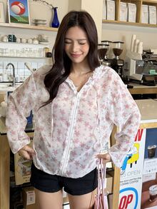 K-Vae Jaket Pelindung Matahari Luar Ruangan Longgar Berkerudung Motif Bunga Mawar Merah Muda Lembut Gaya Korea untuk Wanita - MultiWarna - View 1