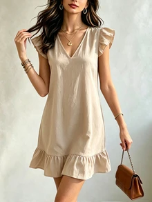 Hotletica Women's Solid Color V-Neck Flutter Sleeve Ruffle Hem Dress - Apricot - View 4