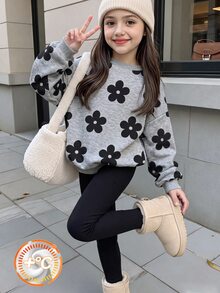 女童 2 件組秋季套裝 灰色花卉印花圓領衛衣與黑色內搭褲套裝 秋冬休閒服 - 彩色 - 查看 1