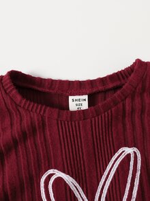 SHEIN 女童時尚休閒兩件套：落肩羅紋針織愛心刺繡圖案T恤與內搭褲（紅色套裝）－舒適秋季休閒運動穿搭 - 紅色 - 查看 5