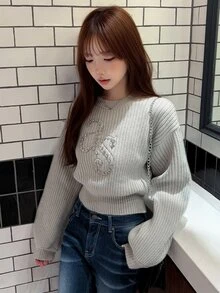 FRIFUL Women's Casual 2000s Rhinestone Decorated Sweater, Autumn/Winter Date School Light Grey Autumn Winter Long Sleeve Tops - Grey - View 7