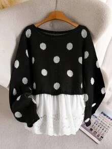 Elaquor Plus Size Autumn/Winter Casual Polka Dot Pattern Patchwork 2 In 1 Sweater - Multicolor - View 4