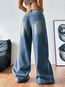 Coolane Women's Casual Denim Jeans With Pockets, Loose Wide Leg - Black - View 2