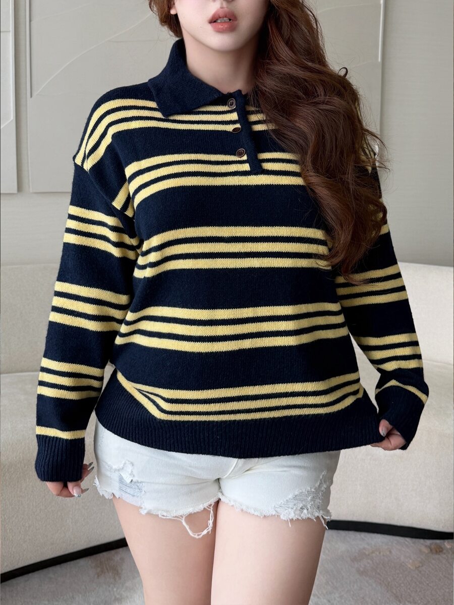Vibekara Sweater Polo Lengan Panjang Kerah Lipat Motif Garis-Garis Retro American Lazy Musim Gugur/Dingin - MultiWarna - View 1