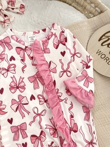 SHEIN Newborn Baby Boy Cute Knitted Casual Bowknot Pattern Romper & Headband Set - Pink - View 7