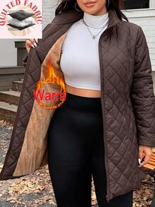 SHEIN EZwear 冬季大尺碼保暖內裡加厚中長版大衣 - 巧克力棕 - 查看 1