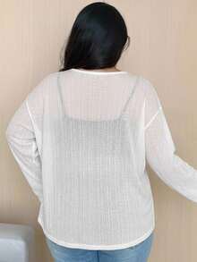 REIGN AVE Solid Color Large Scoop Neck Half-Placket Long Sleeve T-Shirt Spring/Summer - White - View 5