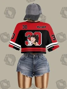 Betty Boop x SHEIN Betty復古黑紅對比色數字與英文字母印花女款寬鬆短版T恤 - 白色 - 查看 3