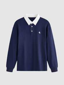 Lornavo Men's Cotton Knight Print Long Sleeve Casual Classy Vintage Commute Golf Polo Shirt Navy Blue And White Autumn - Multicolor - View 4