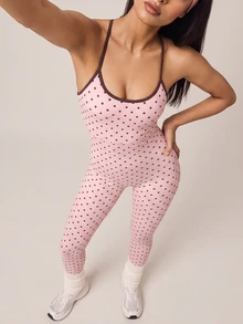 SHEIN BAE Women's Polka Dot Print Back Cutout Cami Strap Sports Jumpsuit - Baby Pink - View 3
