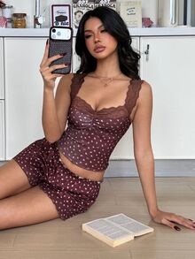 ZzzCrew 2pcs/Set Women's Fitted Ribbed Fabric & Lace Trim Pajama Set - Multicolor - View 4